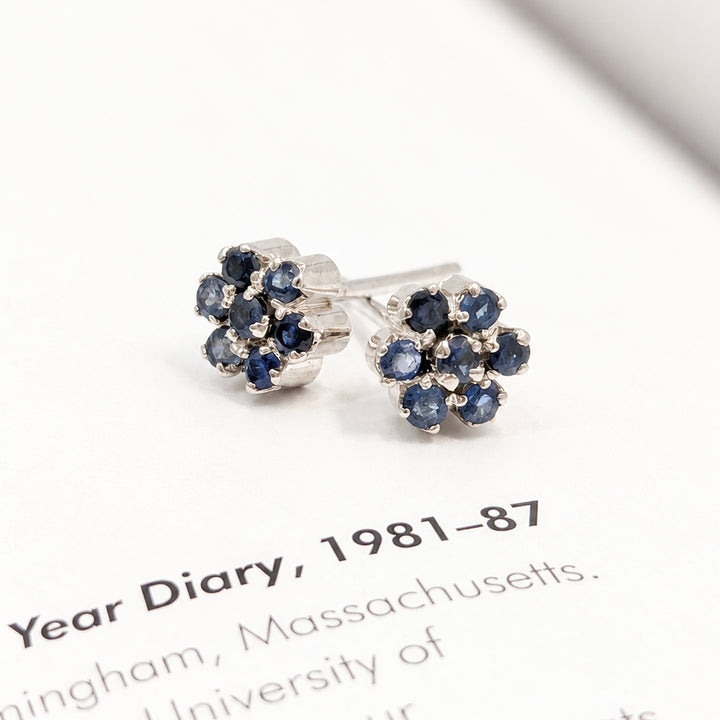Vintage Blue Sapphire Cluster Earrings in 14K White Gold