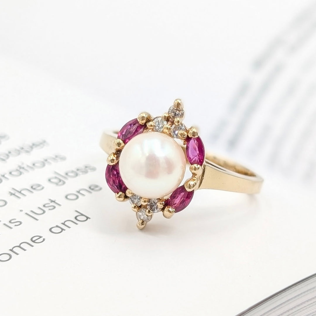 Vintage Pearl, Ruby & Diamond Ring in 14K Yellow Gold