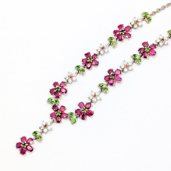 Floral Ruby & Green Chrome Diopside Leaf Necklace with Clear Tourmaline Accents in Sterling Silver