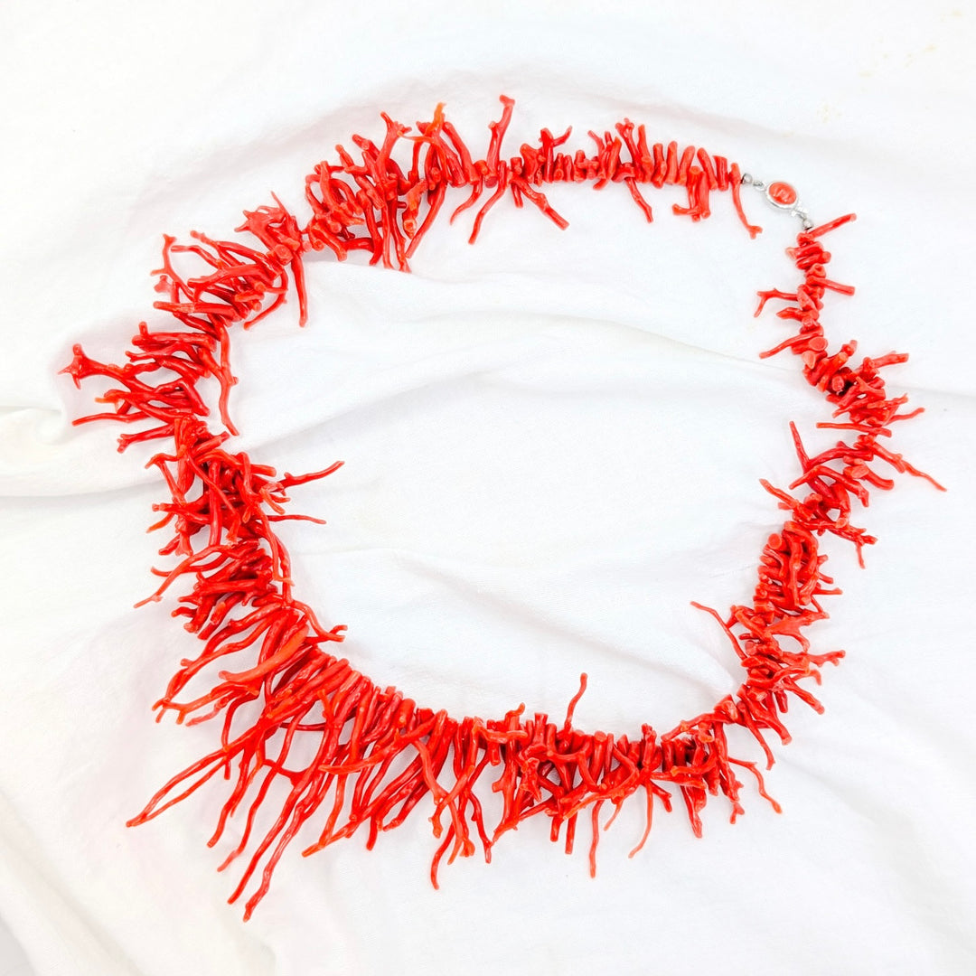 Sardinian Red Coral Branch Necklace with Coral Cabochon Clasp in Sterling Silver