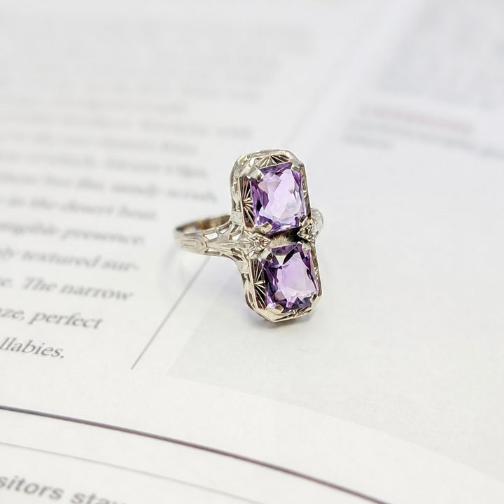 Vintage Two Stone Amethyst Filigree Ring in 14K White Gold