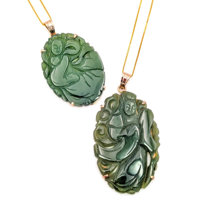Vintage Canadian Jade Carved Pendant Necklace in Gold-Plated Sterling Silver