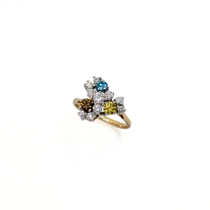 Vintage Multi-Color Diamond Flower Ring in 14K White & Yellow Gold
