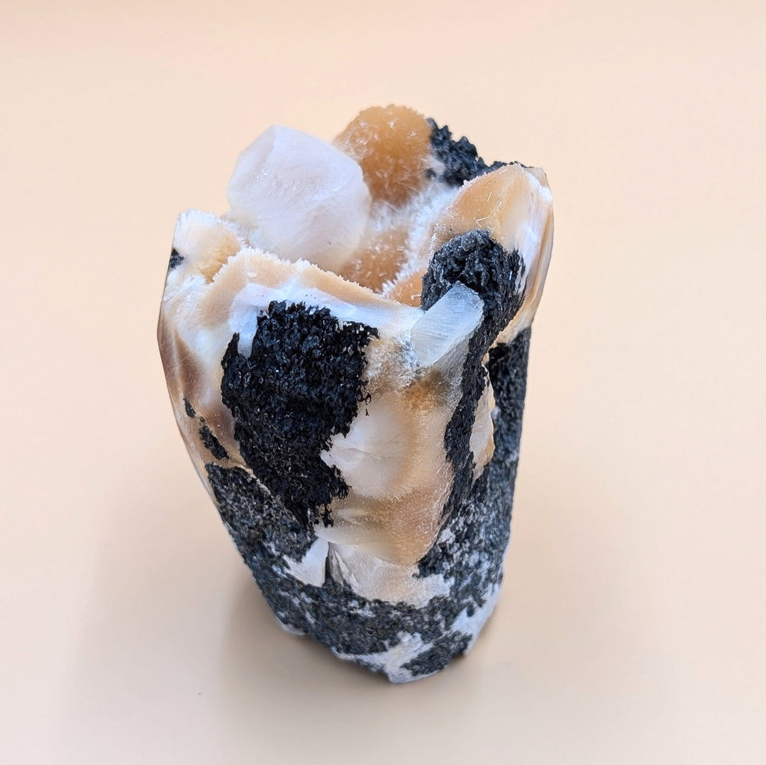 Thomsonite with Mesolite & Calcite on Black Heulandite Matrix - Collector’s Specimen