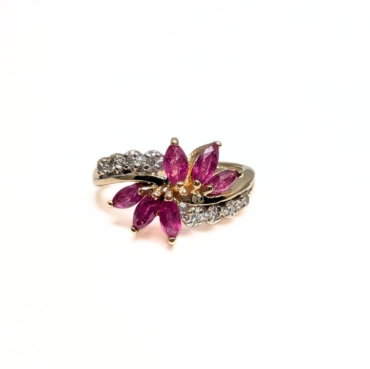 Vintage Ruby & Diamond Floral Ring in 14K Yellow Gold