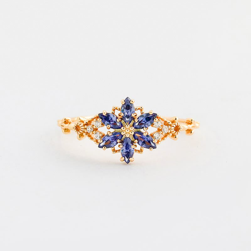 Tanzanite & Cubic Zirconia Flower Starburst Ring in 14K Gold Plated Sterling Silver