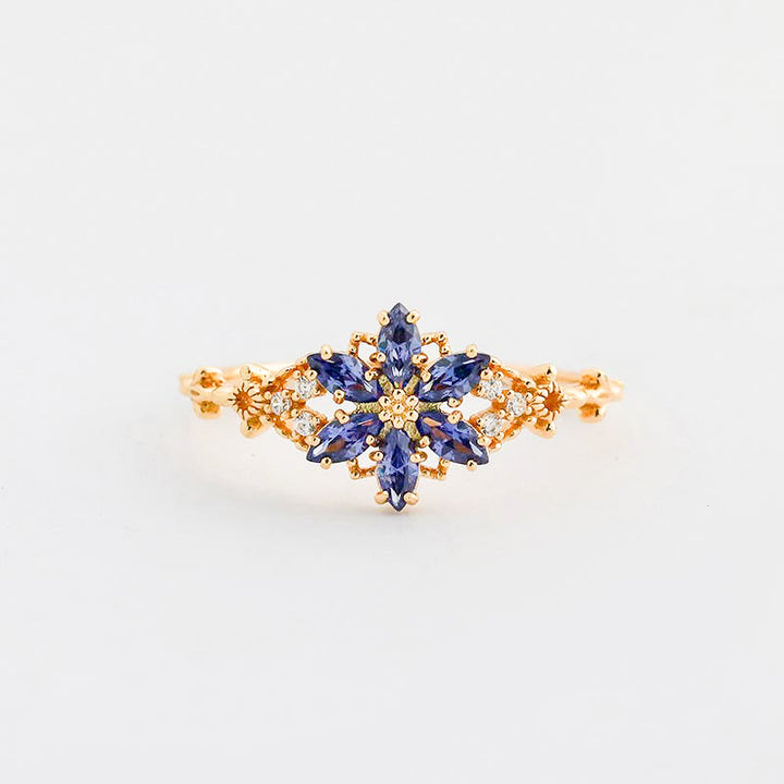 Tanzanite & Cubic Zirconia Flower Starburst Ring in 14K Gold Plated Sterling Silver