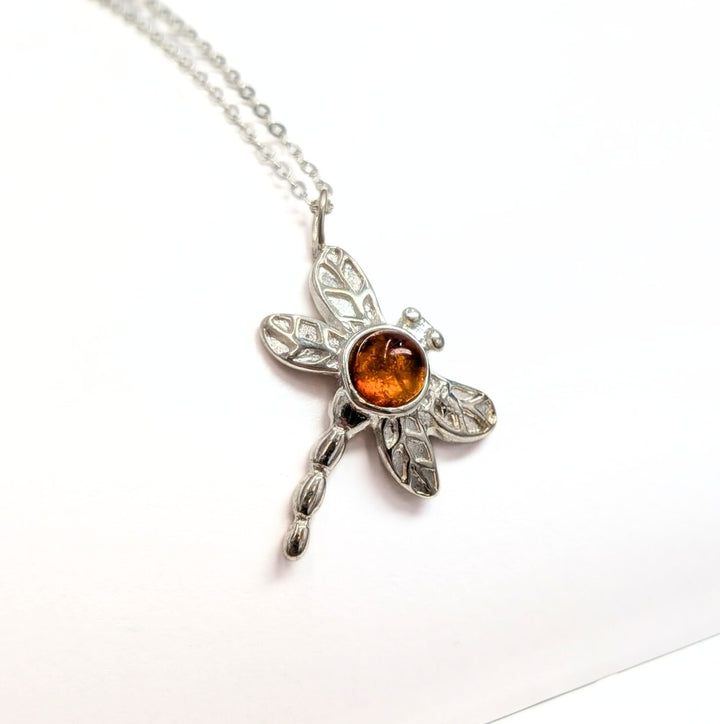 Amber Dragonfly Necklace in Sterling Silver