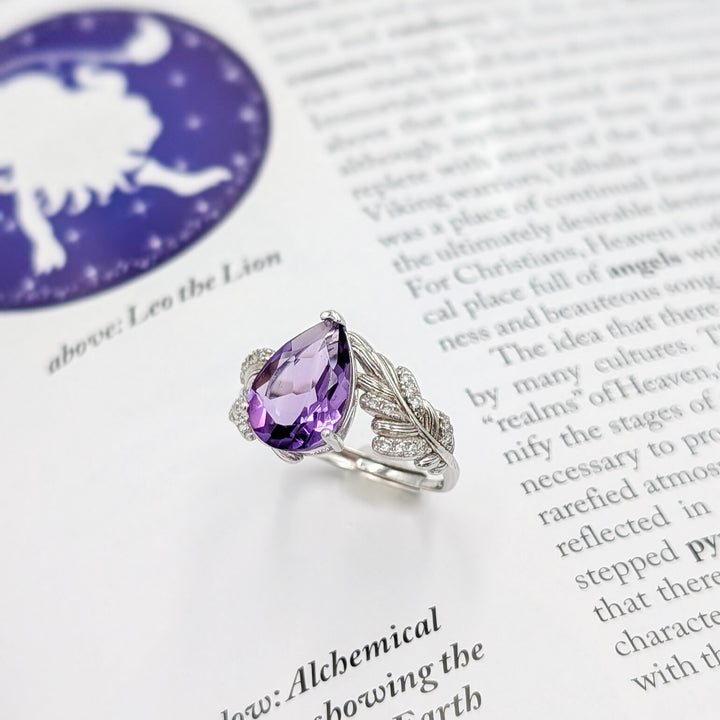 Amethyst & Clear Zircon Leaf Motif Adjustable Ring in Sterling Silver