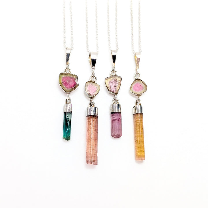Watermelon Tourmaline Drop Necklace in Sterling Silver