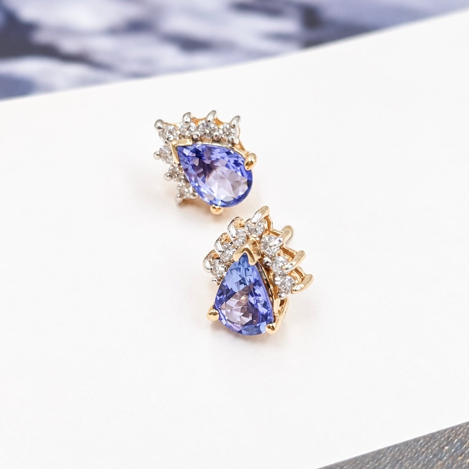Vintage Tanzanite & Diamond Crown Stud Earrings in 14K Yellow Gold