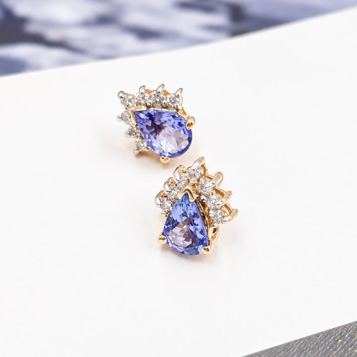 Vintage Tanzanite & Diamond Crown Stud Earrings in 14K Yellow Gold