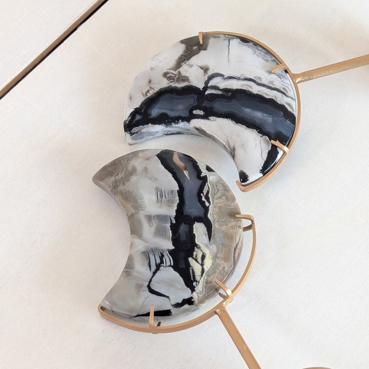 Volcanic Agate Moon with Gold Tone Stand