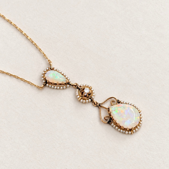 Vintage Opal, Pearl & Diamond Necklace in 10/14K Yellow Gold