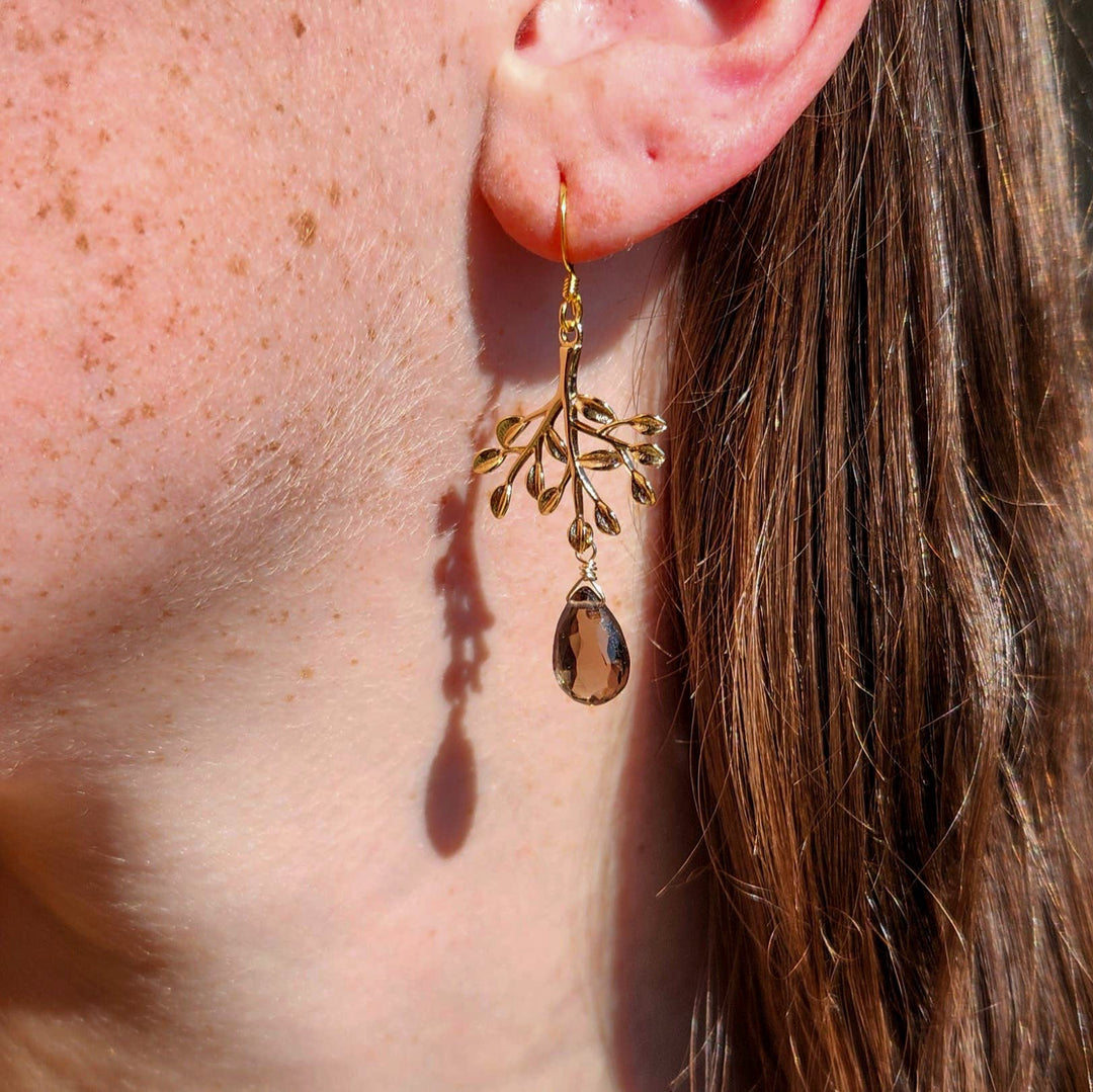 Smoky Quartz Tree Branch Earrings in 18K Gold Over Brass