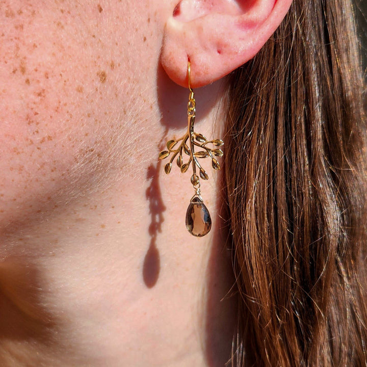 Smoky Quartz Tree Branch Earrings in 18K Gold Over Brass