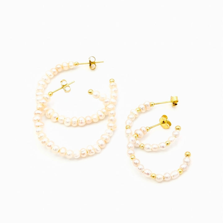 Chinese Cultured Freshwater Pearl Hoops Set in Gold Over Sterling Silver