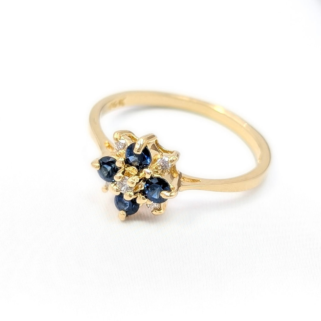Vintage Sapphire & Diamond Flower Ring in 14K Yellow Gold