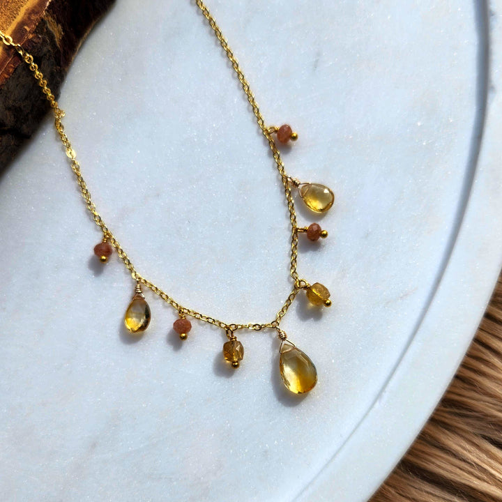 Citrine & Sunstone Goddess Fringe Necklace in 18K Gold Over Brass