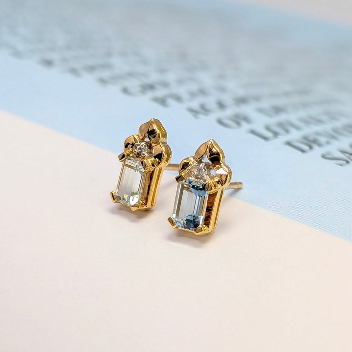 Vintage Aquamarine & Diamond Stud Earrings in 10K Yellow Gold