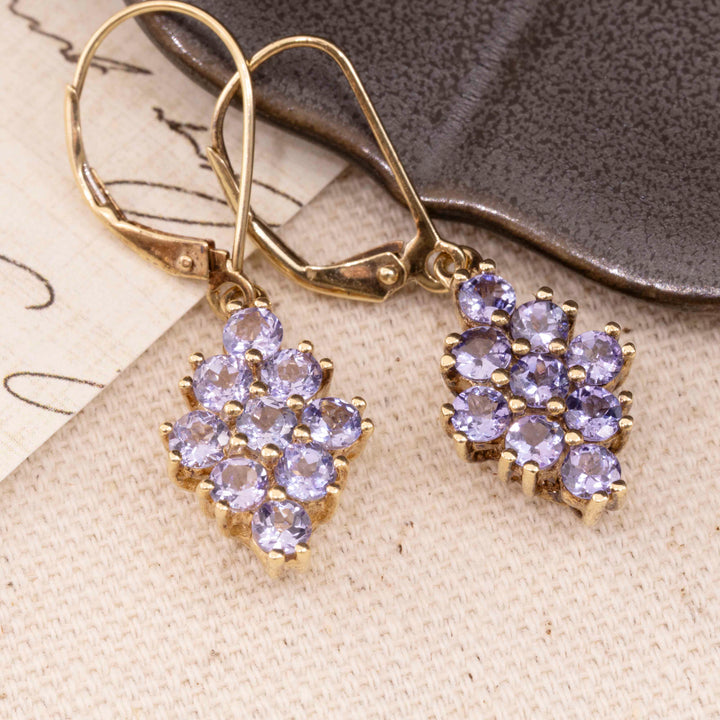 Vintage Tanzanite Cluster Drop Earrings in 14K Yellow Gold