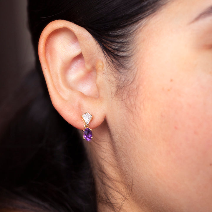 Vintage Amethyst & Diamond Drop Earrings in 14K Yellow Gold