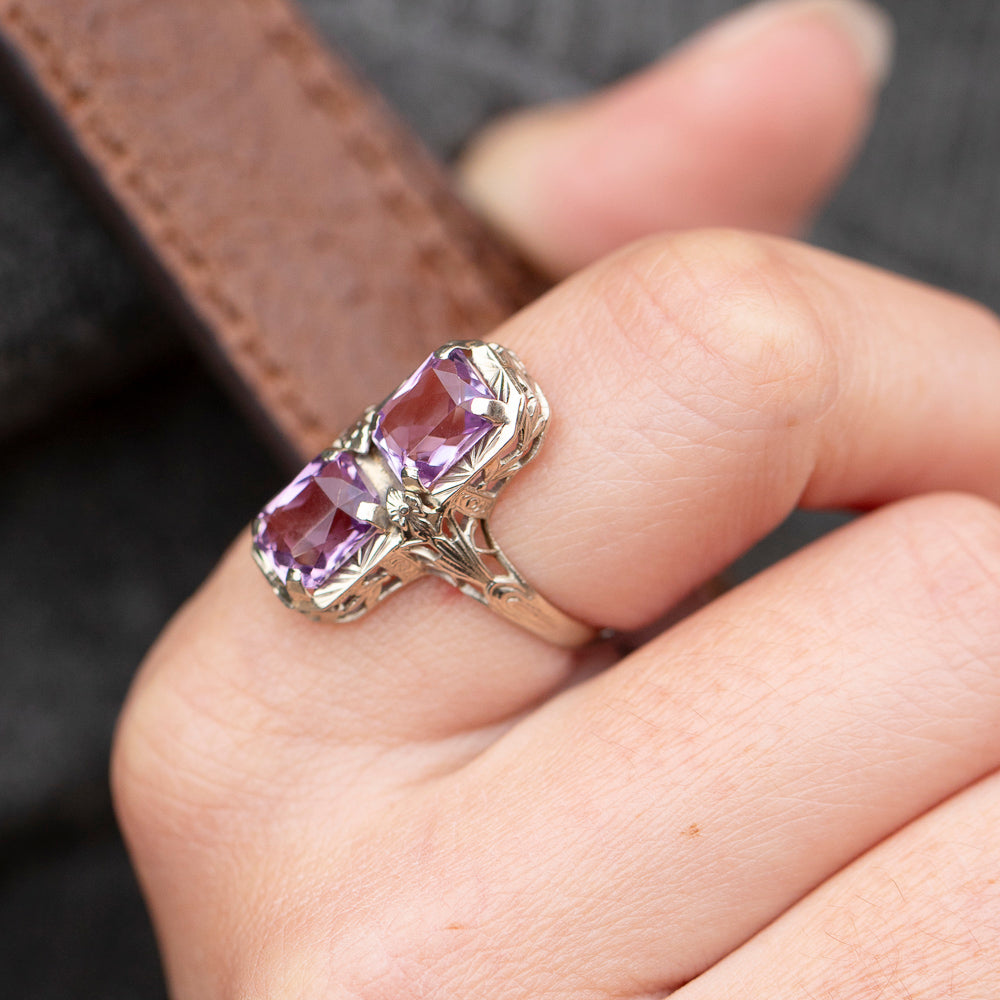 Vintage Amethyst Filigree Ring in 14K White Gold