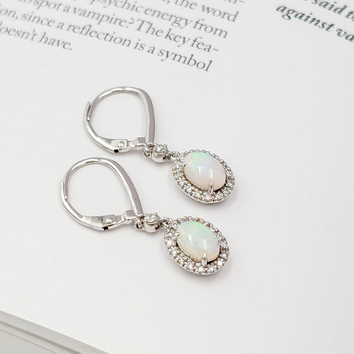 Opal & Diamond Dangle Earrings in 14K White Gold