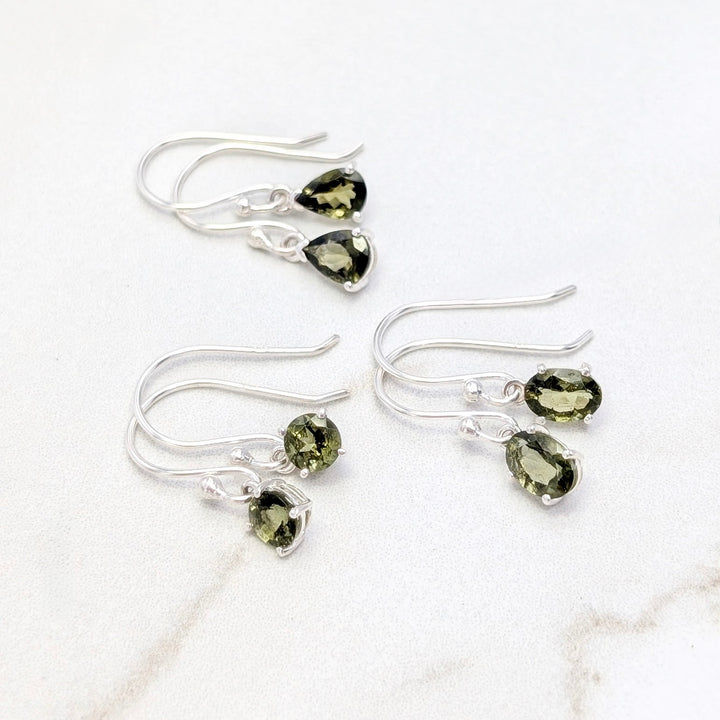 Prong Set Faceted Moldavite Dangle Earrings in Sterling Silver