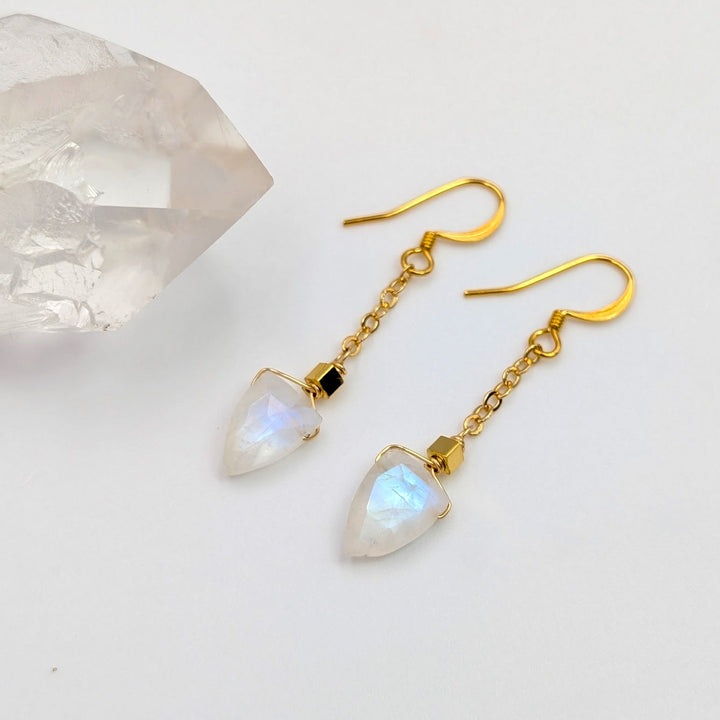 Moonstone Shield Earrings in 18K Gold Over Brass
