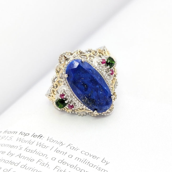 Vintage Lapis Lazuli, Ruby & Green Tourmaline Ring in Sterling Silver