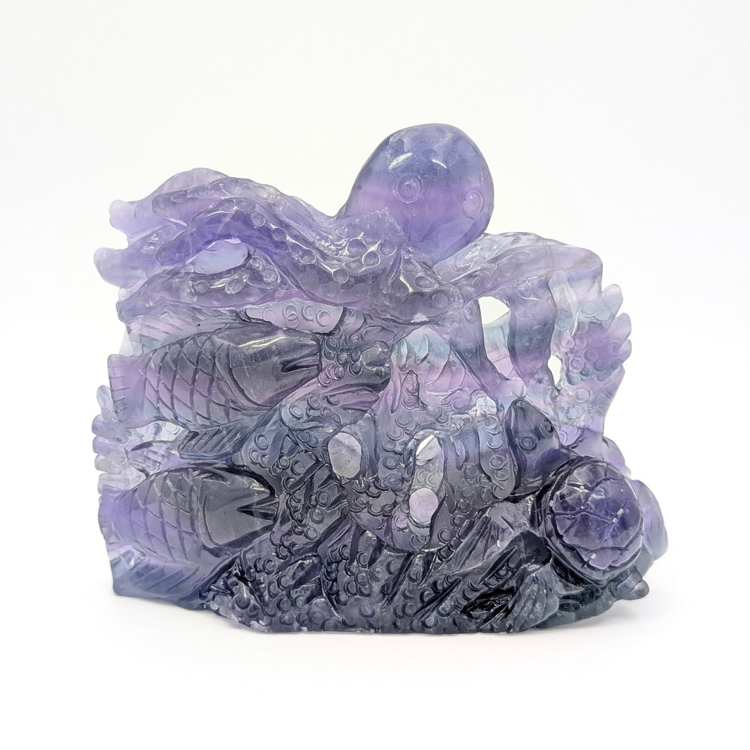 Rainbow Fluorite Ocean Life Carved Octopus, Fish, & Sea Turtle Sculpture