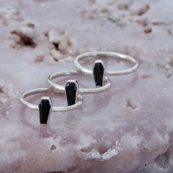 Black Tourmaline Coffin Ring in Sterling Silver