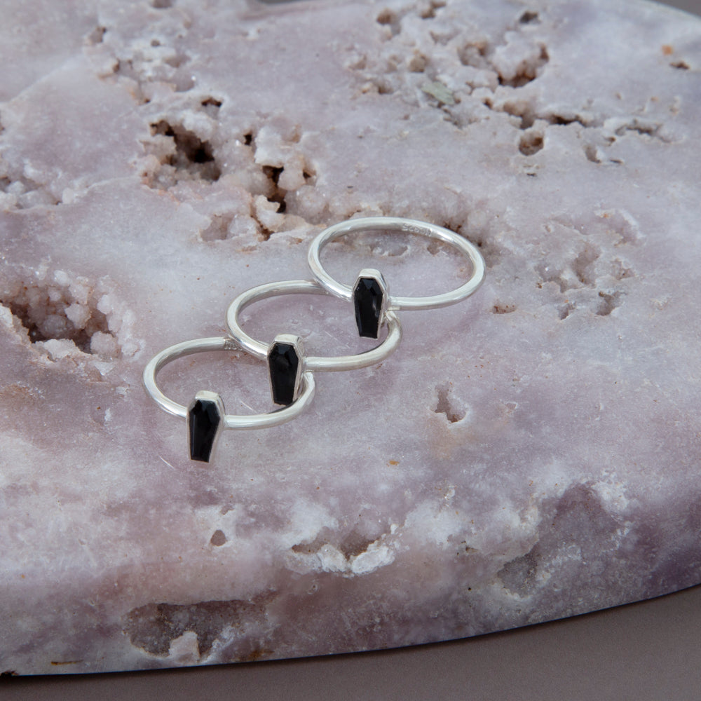 Black Tourmaline Coffin Ring in Sterling Silver