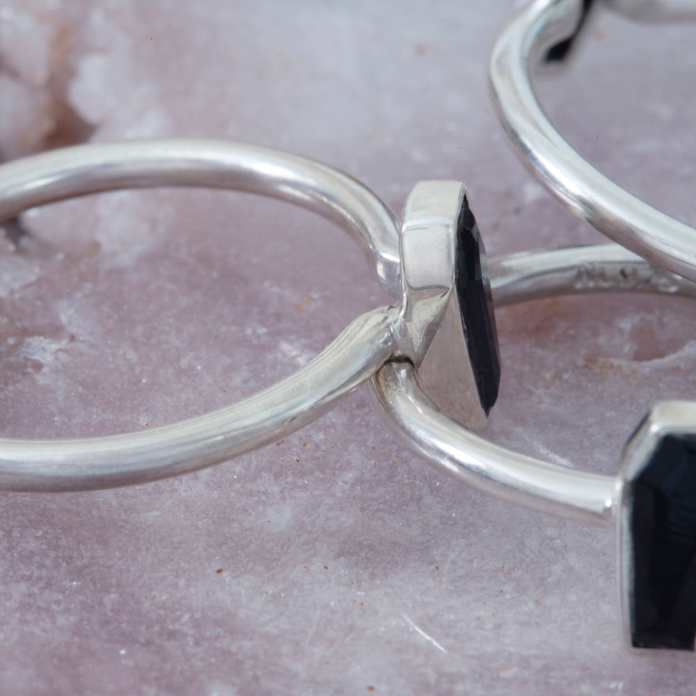 Black Tourmaline Coffin Ring in Sterling Silver