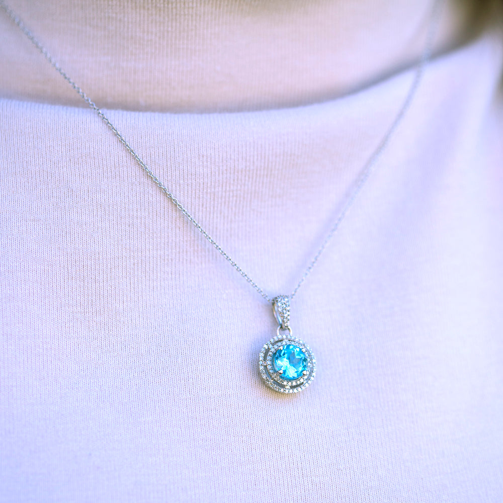 Vintage Blue Topaz & Diamond Necklace in 14K White Gold