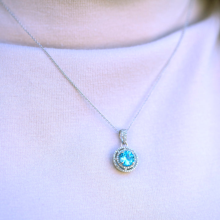 Vintage Blue Topaz & Diamond Necklace in 14K White Gold