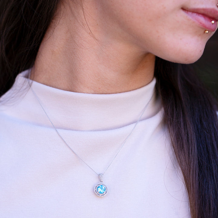 Vintage Blue Topaz & Diamond Necklace in 14K White Gold