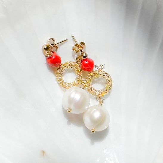 Red Coral & Pearl Dangle Earrings in Gold Over Sterling Silver