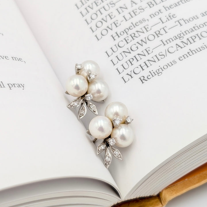 Vintage Pearl & Diamond Earrings in 14K White Gold