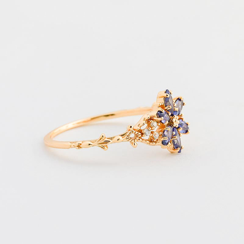 Tanzanite & Cubic Zirconia Flower Starburst Ring in 14K Gold Plated Sterling Silver