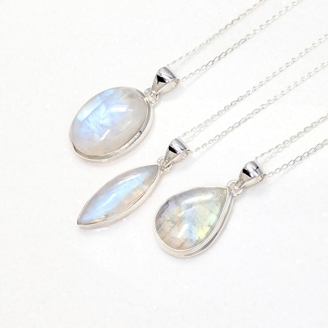 Bezel Set Rainbow Moonstone Necklace in Sterling Silver