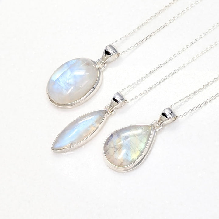 Bezel Set Rainbow Moonstone Necklace in Sterling Silver