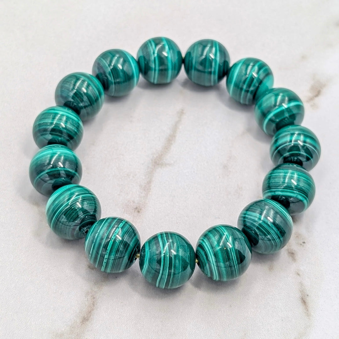 Malachite Polished 14 mm Beaded Bracelet