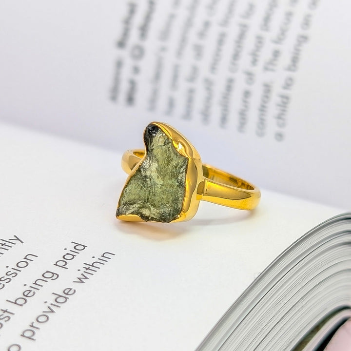Raw Moldavite Bezel Set Ring in 18K Gold over Sterling Silver