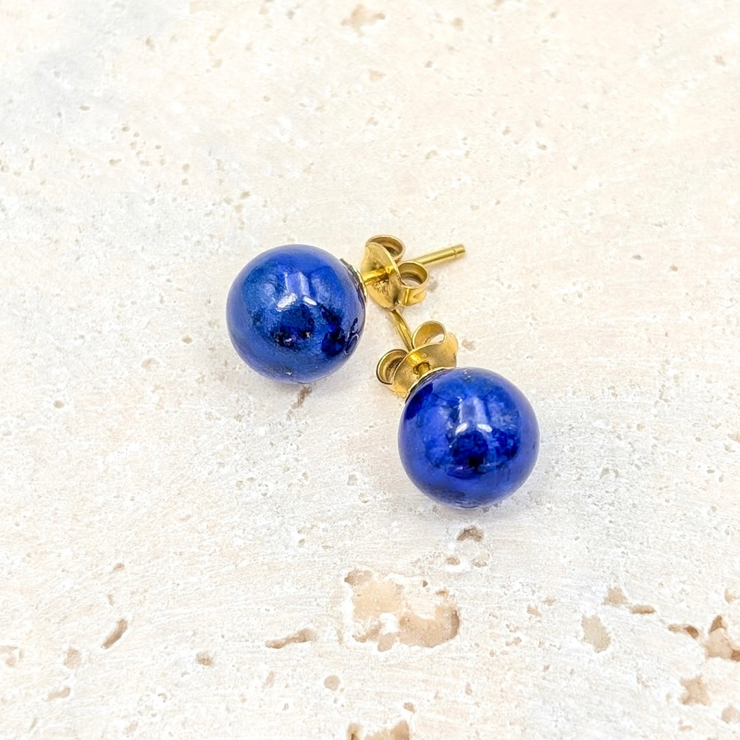 Lapis Lazuli Bead Stud Earrings in 18K Yellow Gold