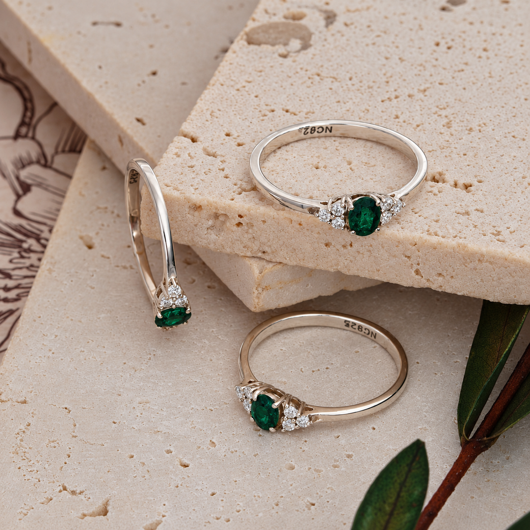 Emerald & Moissanite Ring in Sterling Silver