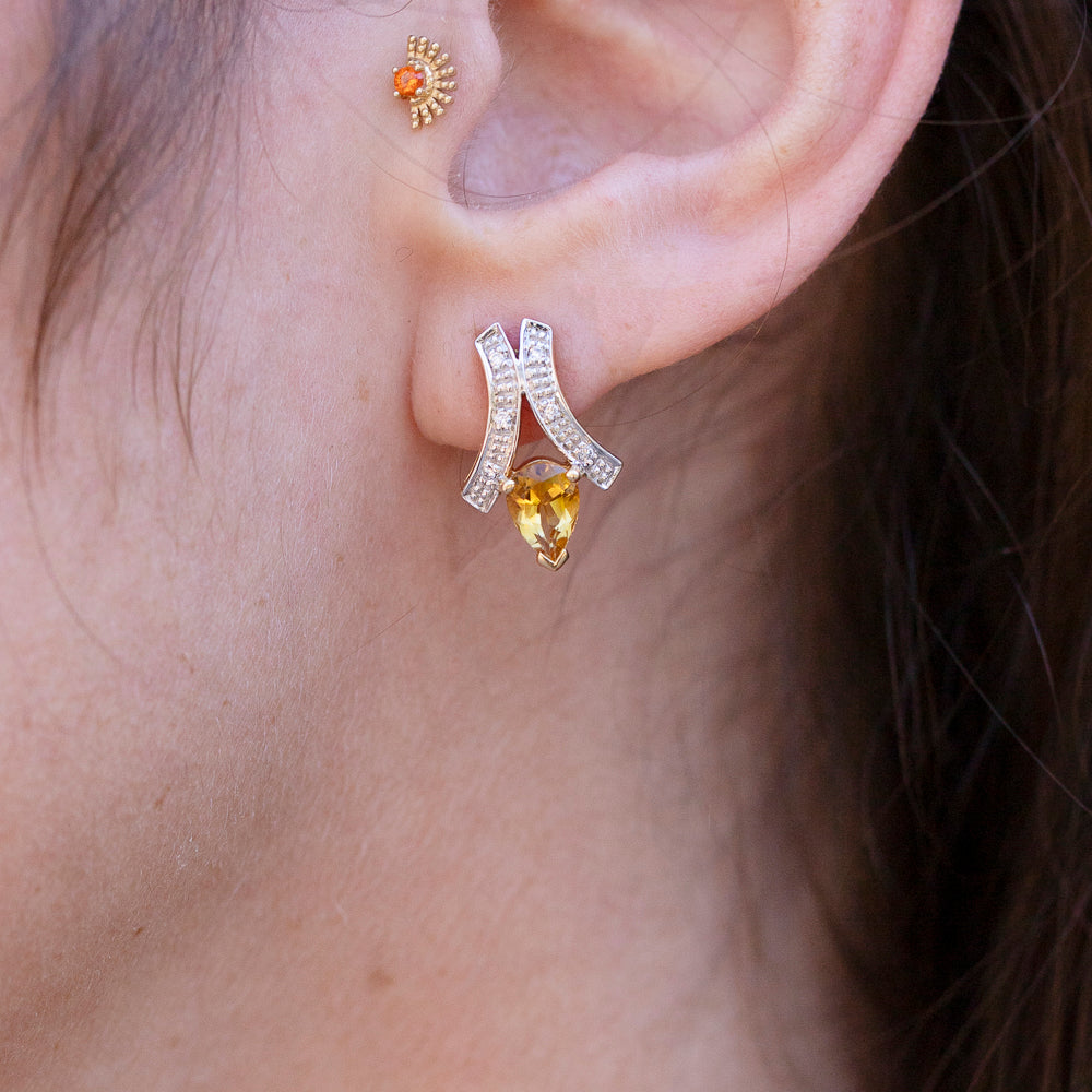 Vintage Citrine & Diamond Earrings in 14K Two-Tone Gold