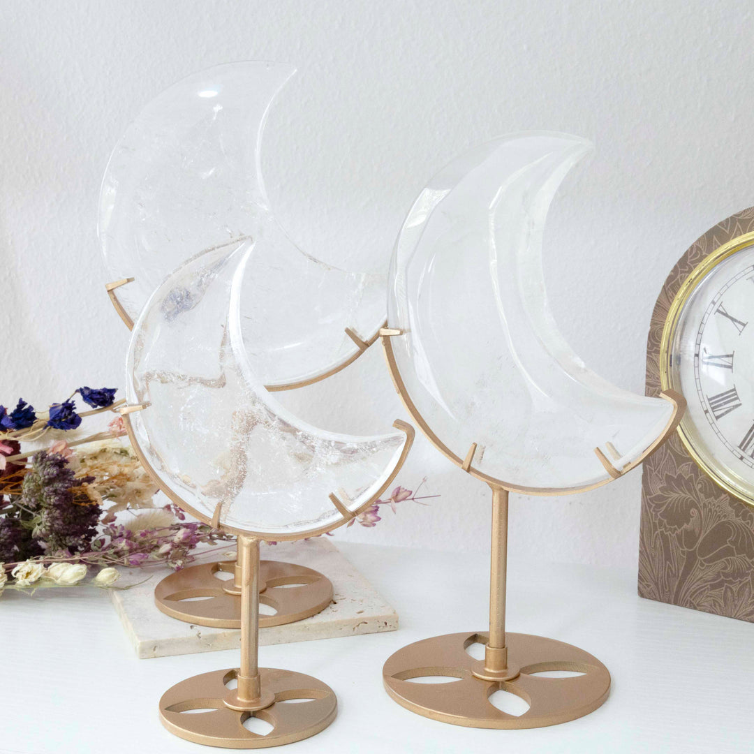 Clear Quartz Crescent Moon on Gold Tone Stand