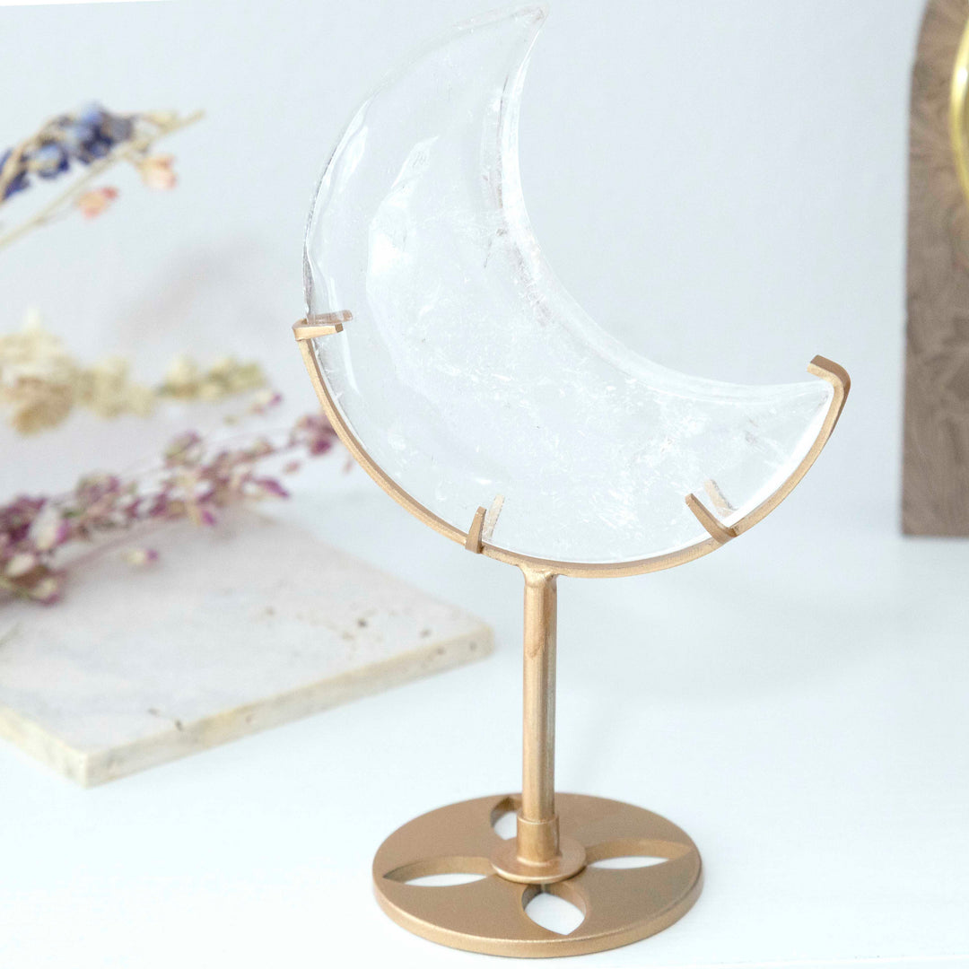 Clear Quartz Crescent Moon on Gold Tone Stand